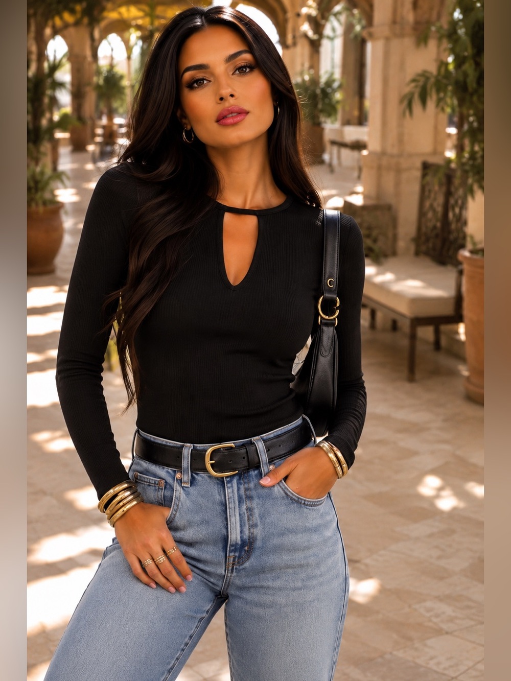 Black Ribbed Keyhole Long-Sleeve Top | NWOT | Sz Small